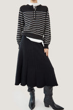 Black Wool-Blend Half-Button Striped Sweater