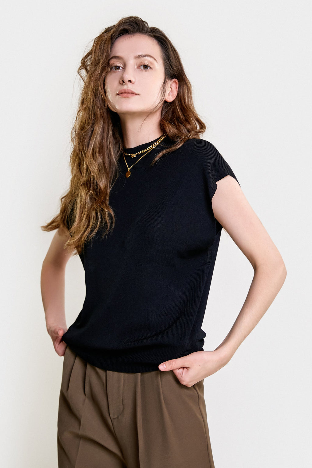 Black Rib-Knit Mock Neck Cap Sleeve Top