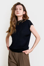 Black Rib-Knit Mock Neck Cap Sleeve Top