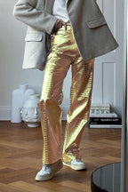 PU Leather Scale High Waist Long Pants