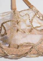 Golden Lace Three-Piece Lingerie Set – Sheer Bra, Garter & Thong