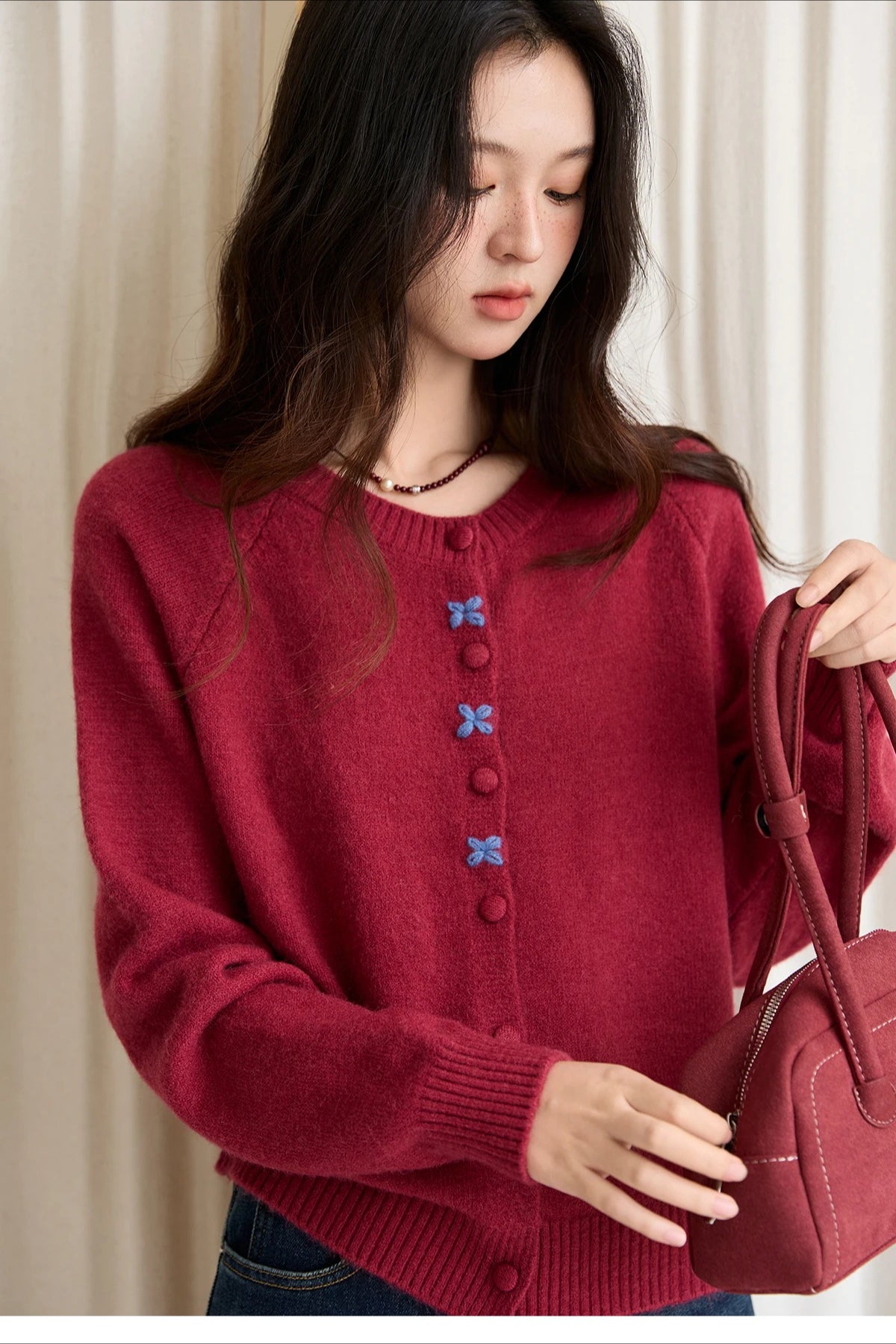 Round Neck Embroidered Buckle Cardigan