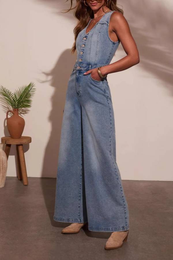 Washed Blue V-Neck Button Front Sleeveless Wide Leg Denim Jumpsuit