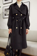 Black Double-Breasted Belted Lapel Collar Longline Coat