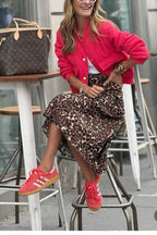 Coffee Time Leopard Print Elastic Waist Loose Midi Skirt