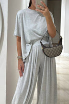 Light Grey Casual Top and Wide-leg Pants Set