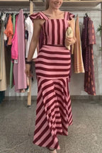 Rosha Striped Square Neck Ruffles Sleeve Smocked Top and High Rise Flare Skirt Set