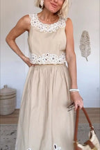 Vacation Season Floral Eyelet Poplin Tank and High Rise Elastic Waist Midi Skirt