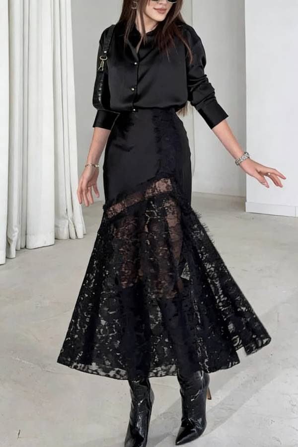 Solid Color Silk Satin Texture Single-breasted Long-sleeved Loose Shirt