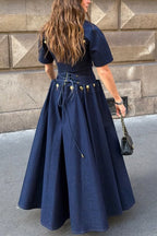 Custom Look Denim Unique Metal Pattern Buttons Slit Half Sleeve Crop Jacket