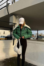 Polar Fleece Patchwork Faux Fur Collar Puffer Jacket