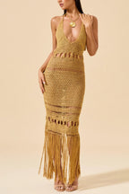 Fashionable Open-knit Backless Elegant Tassel Hem Vacation Cover-up Maxi Dress
