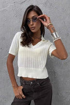 Minimalist Solid V Neck Knit Crop T-shirt