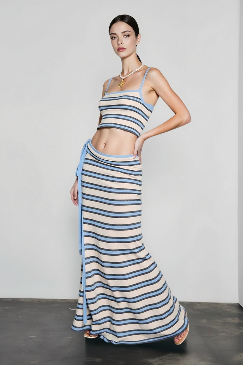 Knit stripe crop camisole high waist tie skirt vacation set