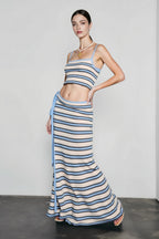 Knit stripe crop camisole high waist tie skirt vacation set