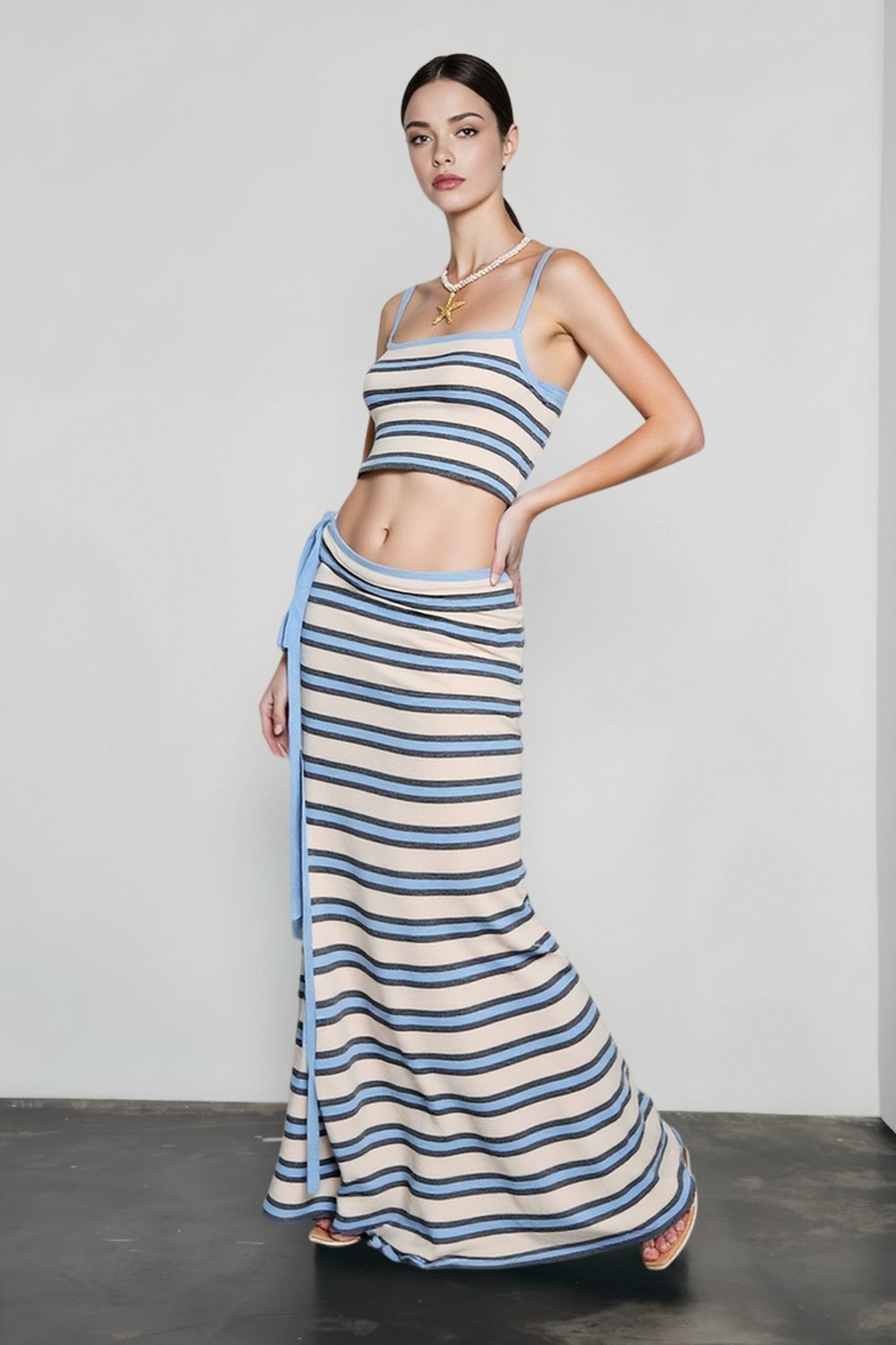 Knit stripe crop camisole high waist tie skirt vacation set