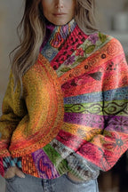 Floral Pattern High-Neck Long-Sleeved Loose Sweatshirt