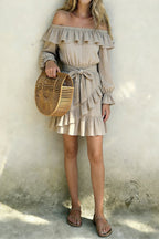 Linen Blend Off-shoulder Tie-up Casual Pocket Ruffle Mini Dress