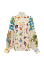 Love Frees Me Linen Blend Unique Print Balloon Sleeve Button Shirt