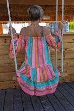 Friendly Shores Linen Blend Ethnic Print Off Shoulder Loose Mini Dress