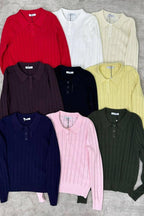 Jacquard Polo Collar Long Sleeve Loose Blouse