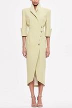 Elegant Look Linen Blend Stand Lapel Neck Half Sleeve Side Button Midi Dress