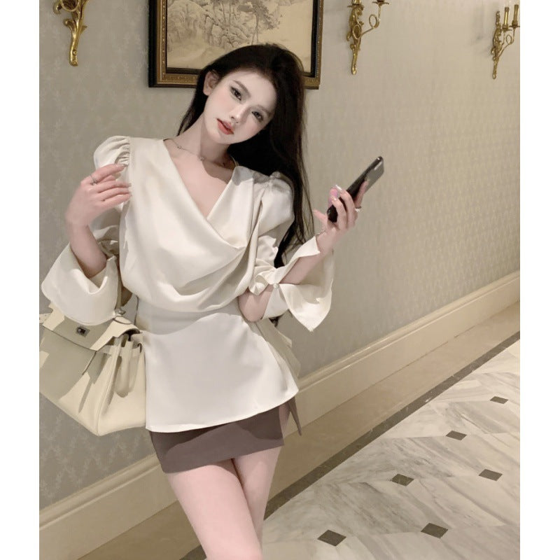Beige Satin Cowl Neck Long Sleeve Blouse