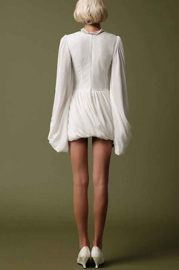 Solid Color Round Neck Lantern Long Sleeve Pleated Casual Mini Dress