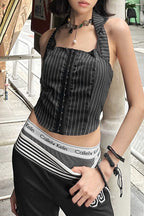 Stripe Bodycon Corset Lace Trim Crop Top