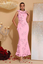 Elegant Sleeveless Solid 3D Floral Applique Prom Dress