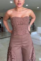Lily Embroidered Cutout Lace Back Lace-up Tank and High Rise Wide Leg Pants Set