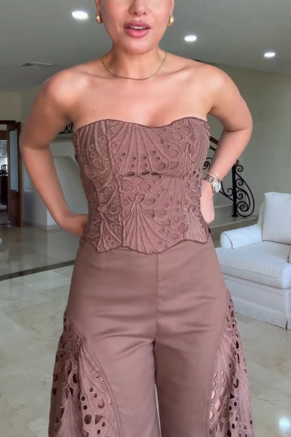 Lily Embroidered Cutout Lace Back Lace-up Tank and High Rise Wide Leg Pants Set