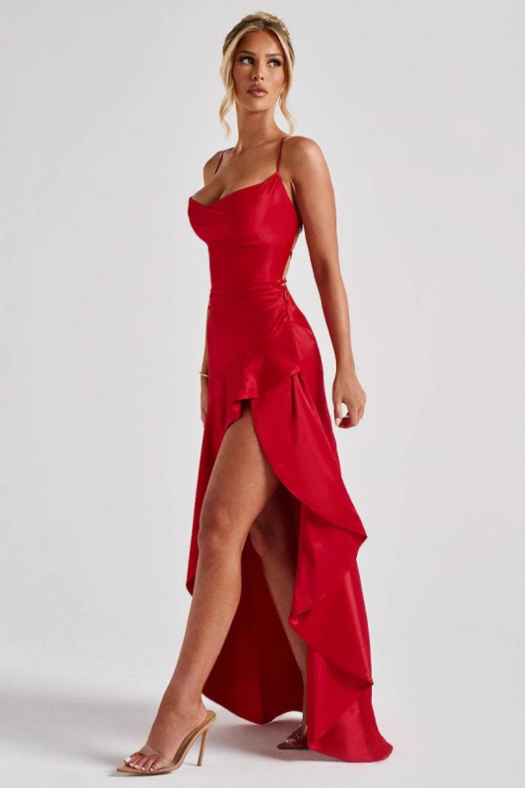 Spaghetti Strap Backless Ruffle Prom Dress