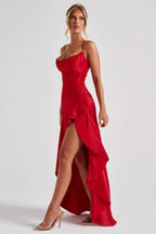 Spaghetti Strap Backless Ruffle Prom Dress