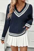Contrast VNeck Cable Knit Sweater
