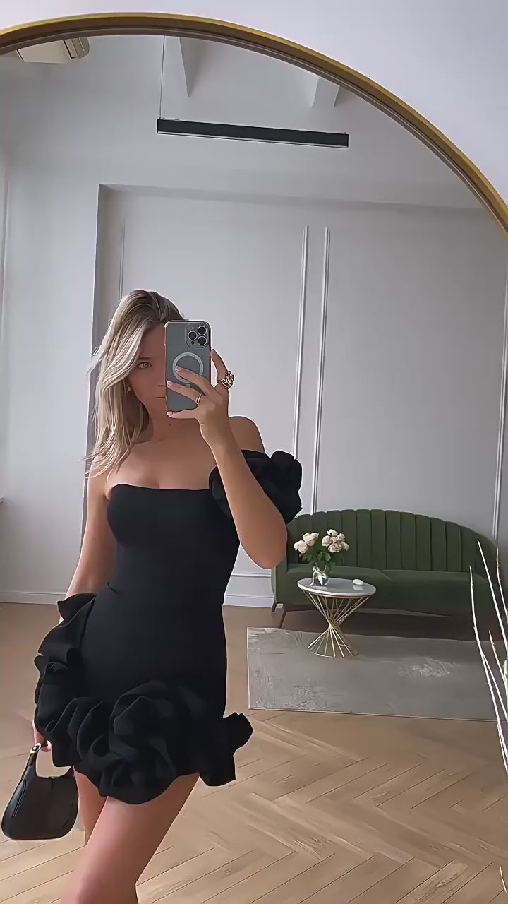 Black Rose Ruffle Strapless Dress