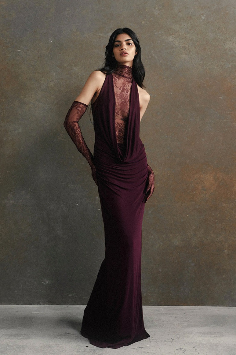 Deep V Lace Cut-Out Slim Long-Sleeve Party Dress
