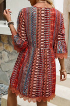 Bohemian Ethnic Print V-Neck Lace Trim Bell Sleeve Babydoll Dress