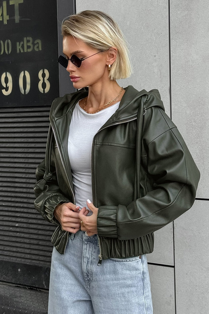 Black Faux Leather Hooded Loose Streetwear Jacket