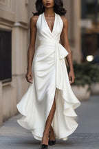 Solid Color Satin V-neck Sleeveless Elegant Ruffle Maxi Dress