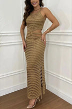 Stunning Gaze Knit Texture Ring Side Waist Cutout Stretch Maxi Dress（Note: top without lined, you can bring your own bra）