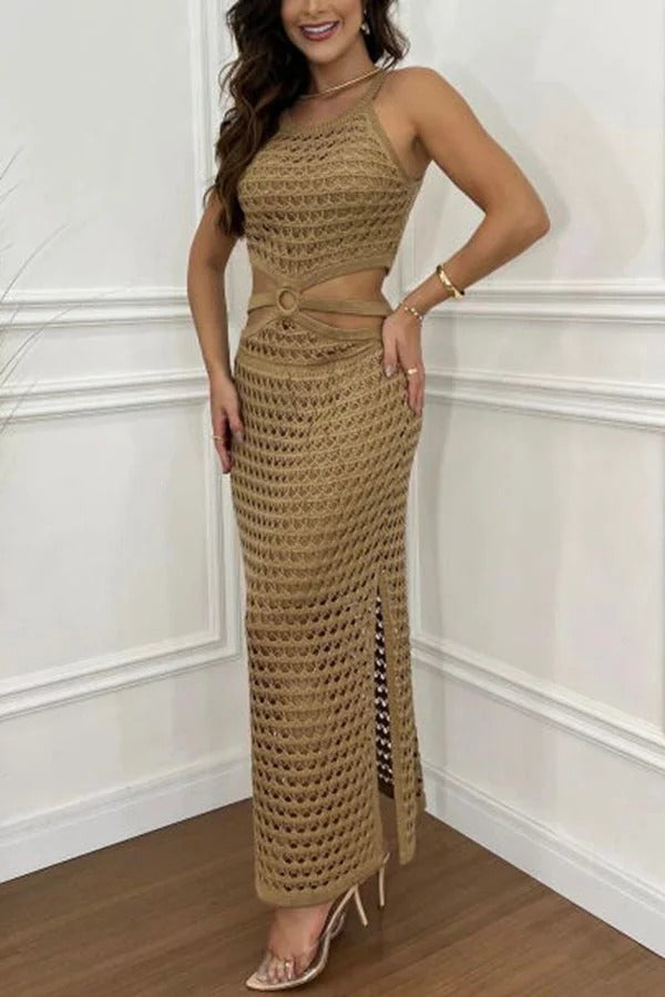 Stunning Gaze Knit Texture Ring Side Waist Cutout Stretch Maxi Dress（Note: top without lined, you can bring your own bra）