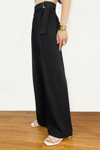 Black Buckle Strap Detail Pleated Front Wide Leg Pants