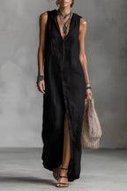 Linen Blend Solid Color Loose Single-breasted Sleeveless Casual Maxi Dress