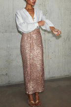 Disco Dancing Queen Sequin Wrap Tie-up Slit Midi Skirt