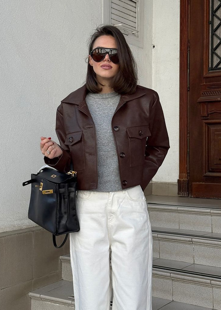 Nora Cropped Faux Leather Jacket – Structured Button-Down with Utility Pockets
