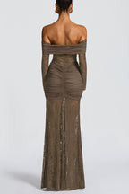 Solid Color Patchwork Lace Off-shoulder Long-sleeved Pleated Slim-fit Maxi Dress