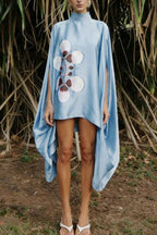 Luisa Satin Floral Print Pleated High-neck Batwing Cutout Sleeve Loose Cape Mini Dress