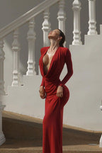 Deep V Long Sleeve Bodycon Maxi Dress