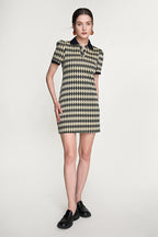 Black Diamond Check Knitted Polo Collar Mini Dress